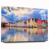 Large abstract wall art of Munich skyline in muted blue and gray tones on acrylic glass.