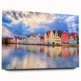 Large abstract depiction of Munich skyline in muted blue and gray on acrylic glass, suitable for bedroom or dining room art.