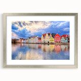 Extra large abstract art print of Munich scenery in silver frame, featuring textured gray and blue tones.