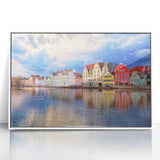 Mid-century modernist art depicting Munich skyline in muted blue and gray tones on a framed acrylic print.