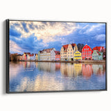 Black and white wall art featuring a vintage poster style landscape of Munich on framed canvas, suitable for bedroom decor.