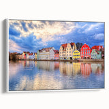 Vintage poster art of Munich skyline, featuring vibrant colors on a large framed canvas, ideal for living room decor.