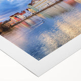 Art deco poster of Munich skyline in pastel blue and pink, printed on rolled canvas, suitable for dining room decor.