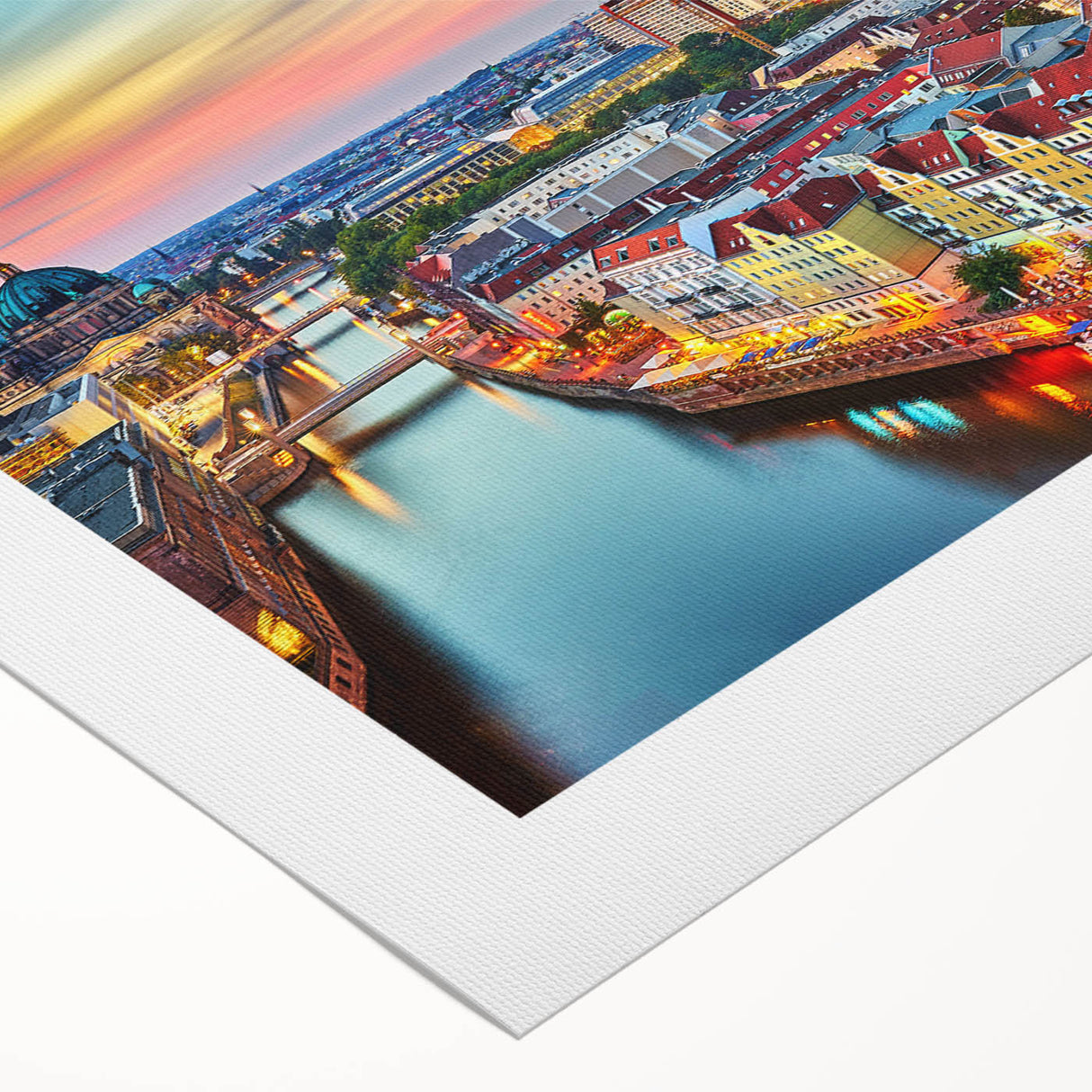 Art deco poster of a European cityscape in muted gray tones on rolled canvas, suitable for dining room decor.