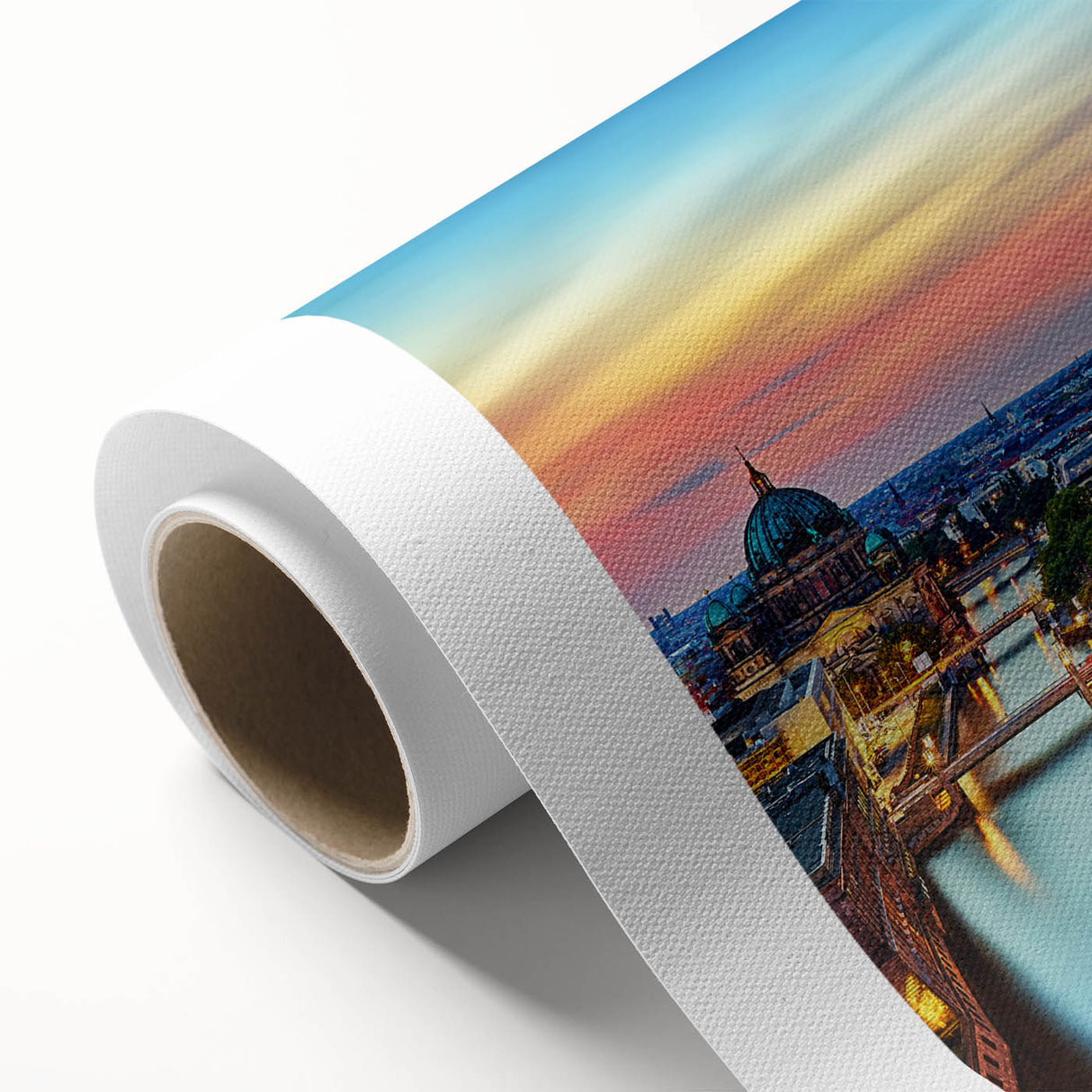 Art deco poster of a European scenery in muted green and brown tones on rolled canvas, ideal for nursery wall art.