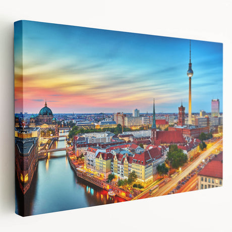 Large canvas print of a European village scene in muted earth tones, ideal for kitchen wall decor.