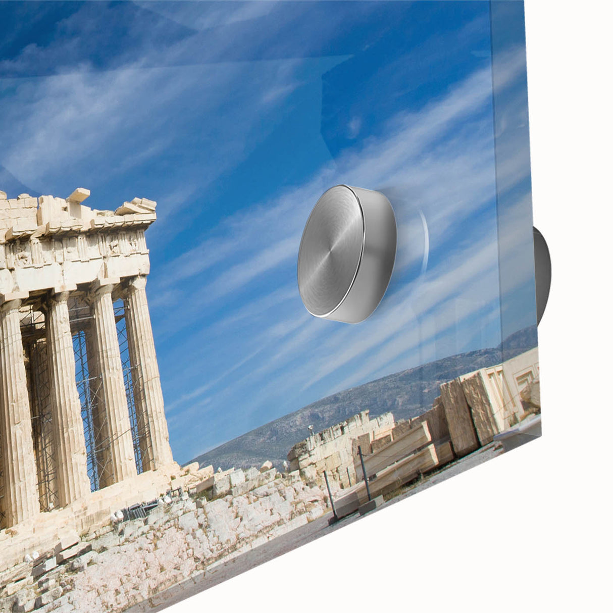Large abstract depiction of Athens in muted earth tones on acrylic glass, suited for dining room art.