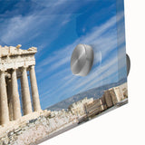 Large abstract depiction of Athens in muted earth tones on acrylic glass, suited for dining room art.