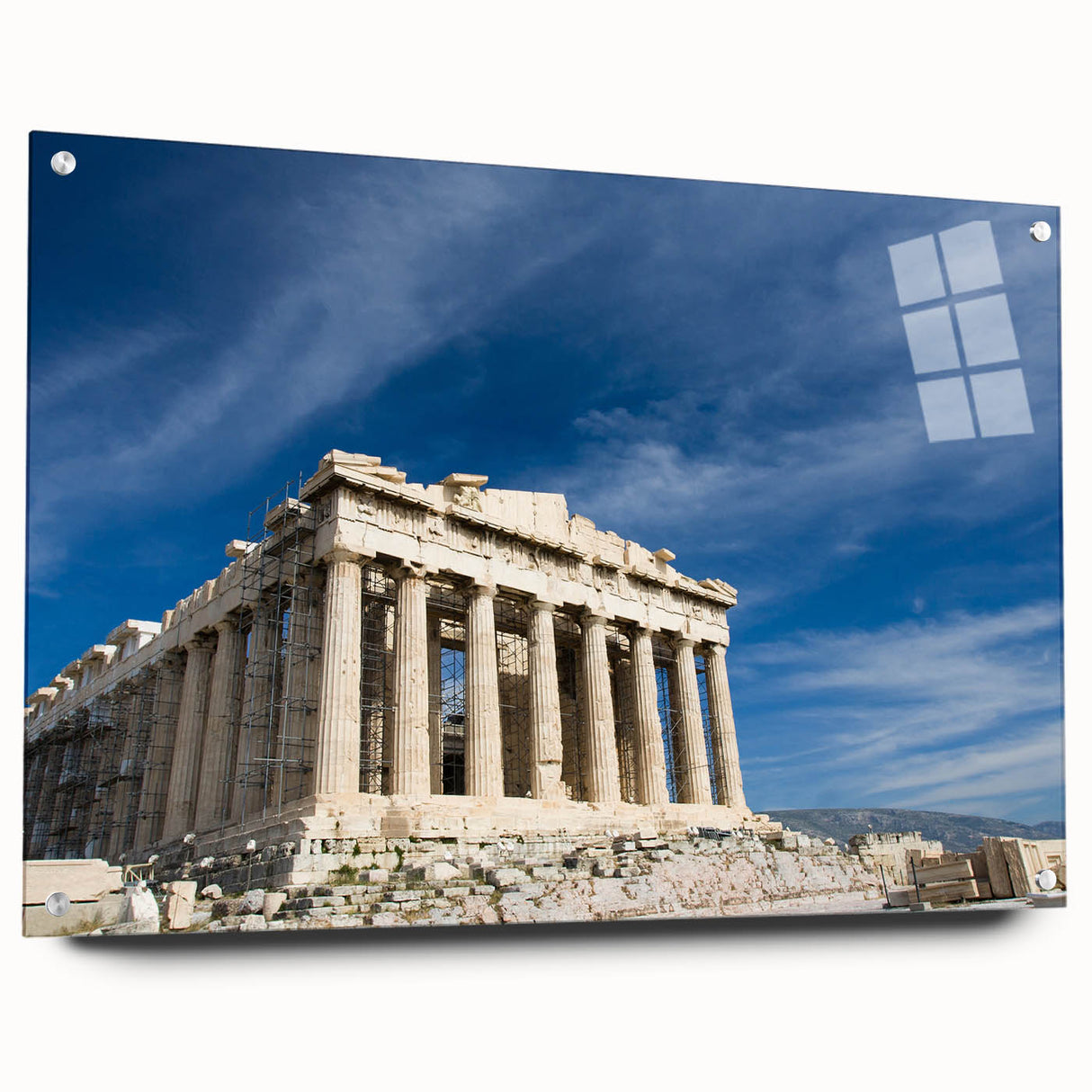 Acrylic print of Athens scenery with soft pastel colors, ideal for dining room decor.