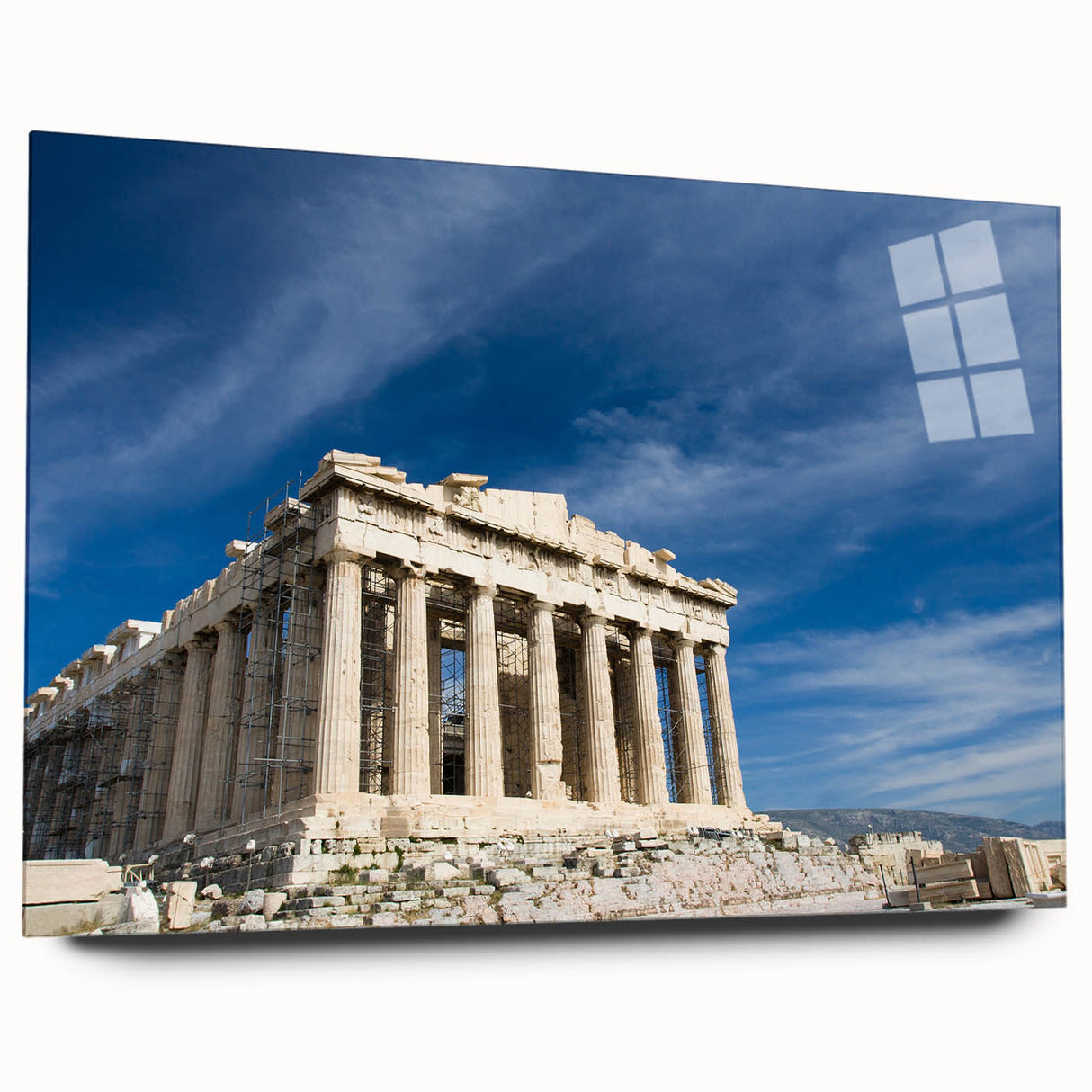 Acrylic print of Athens scenery with muted earth tones, suitable for bedroom or dining room decor.