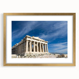 Abstract art print of Athens skyline in muted gold and blue tones on a framed canvas, suitable for dining room decor.