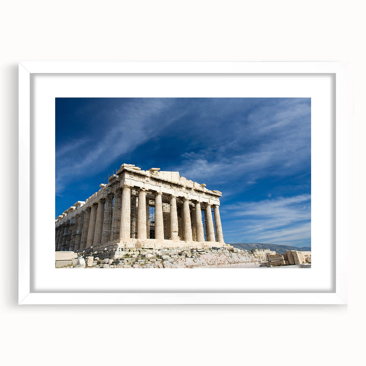 Textured art print of Athens with abstract design in muted earth tones on a white-framed mat, ideal for bedroom decor.