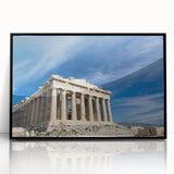 Large abstract wall art depicting the Athens skyline in muted gray and blue tones on framed acrylic.