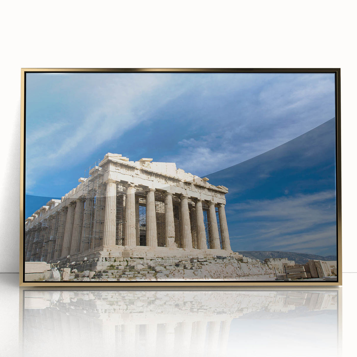 Acrylic print of Athens scenery with gold frame, featuring art deco style, ideal for modern art wall decor.