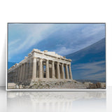Mid-century modernist art depicting Athens skyline in muted earth tones on a framed acrylic, ideal for nursery wall art.