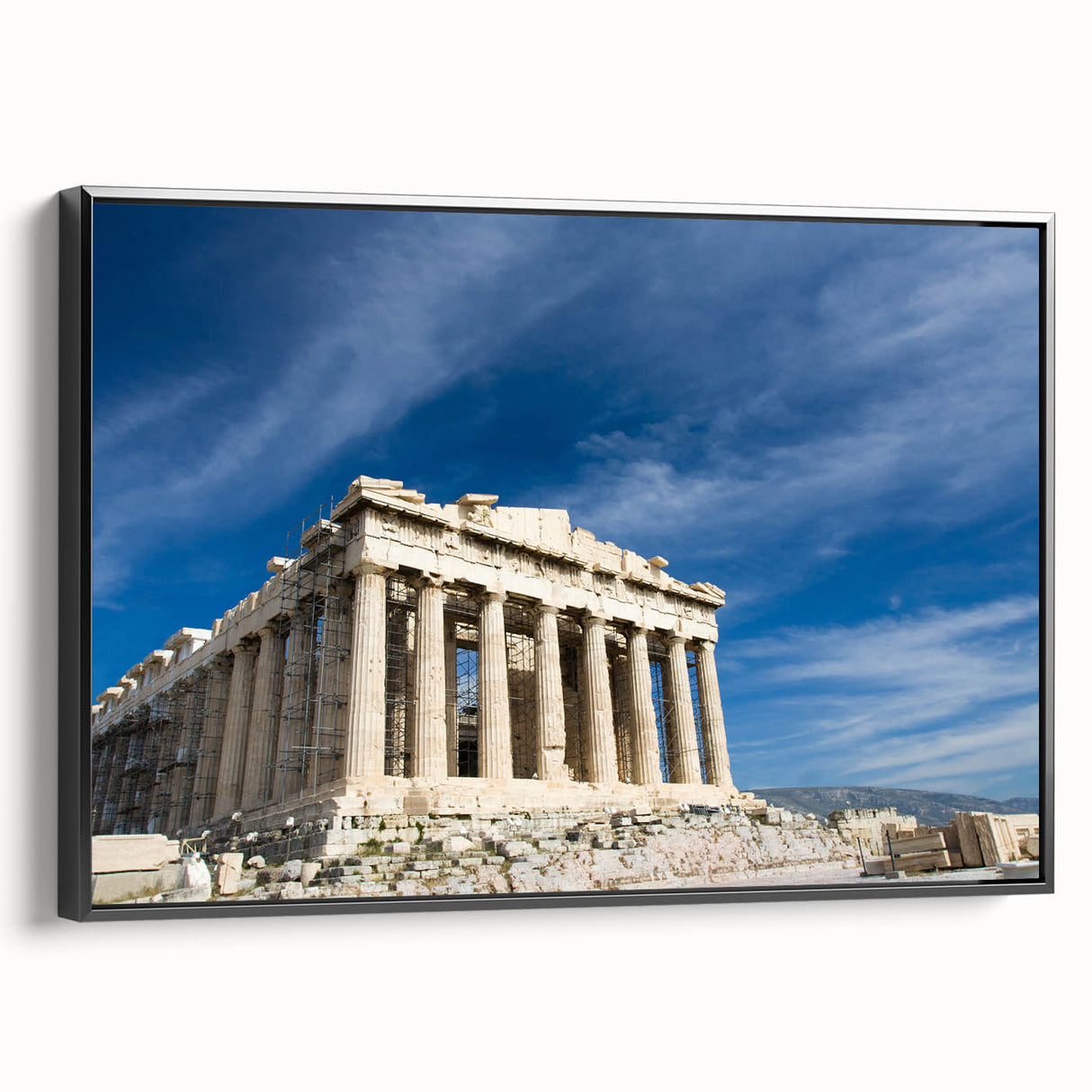 Black and white framed canvas of Athens landscape, ideal for bedroom wall art, in a vintage poster style.