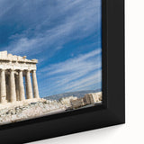 Extra large framed canvas of Athens scenery in black with colorful, textured details, ideal for living room decor.