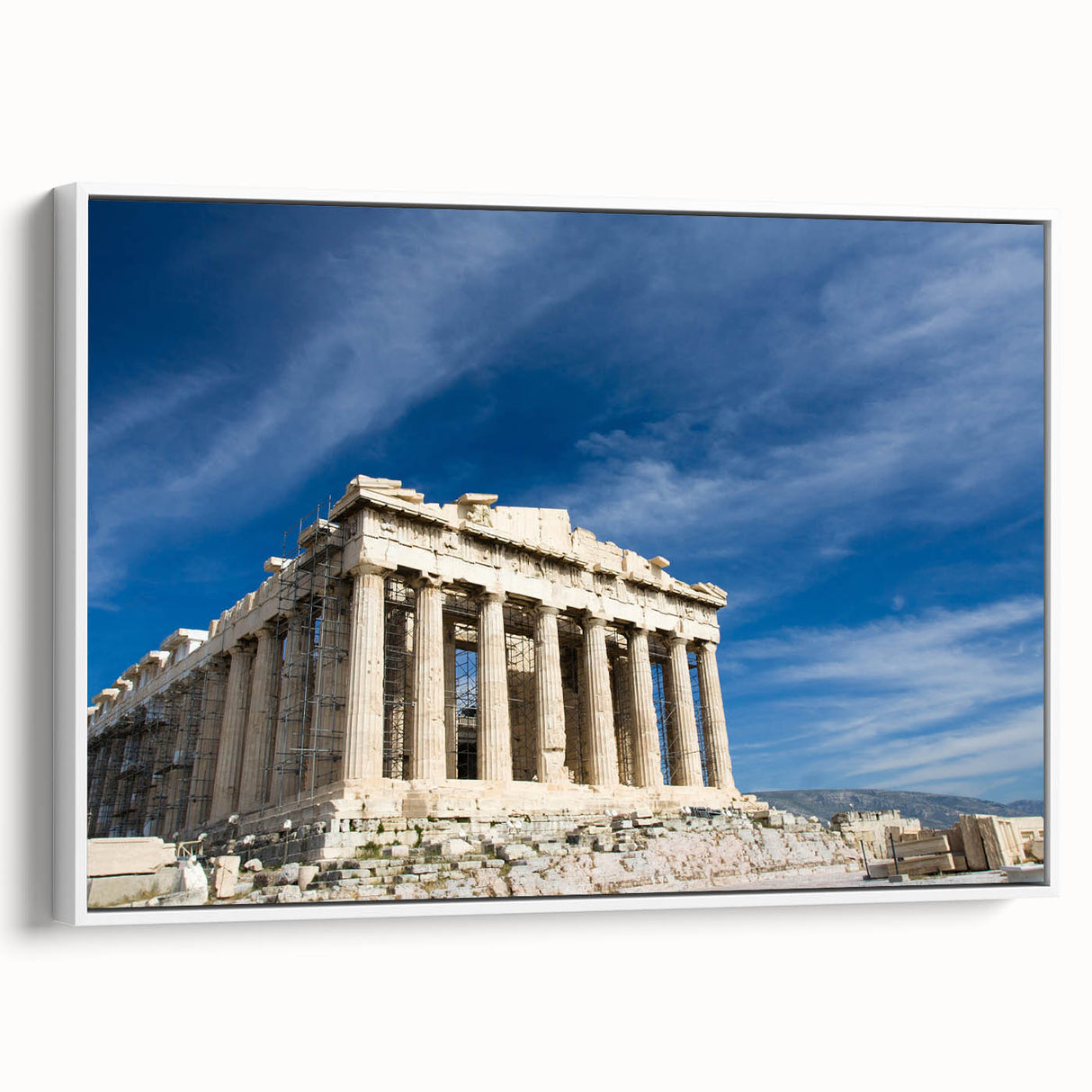 Vintage poster art of Athens, featuring colorful buildings on a white-framed canvas, ideal for living room decor.
