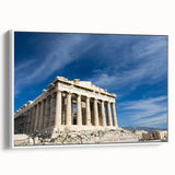 Vintage poster art of Athens, featuring colorful buildings on a white-framed canvas, ideal for living room decor.