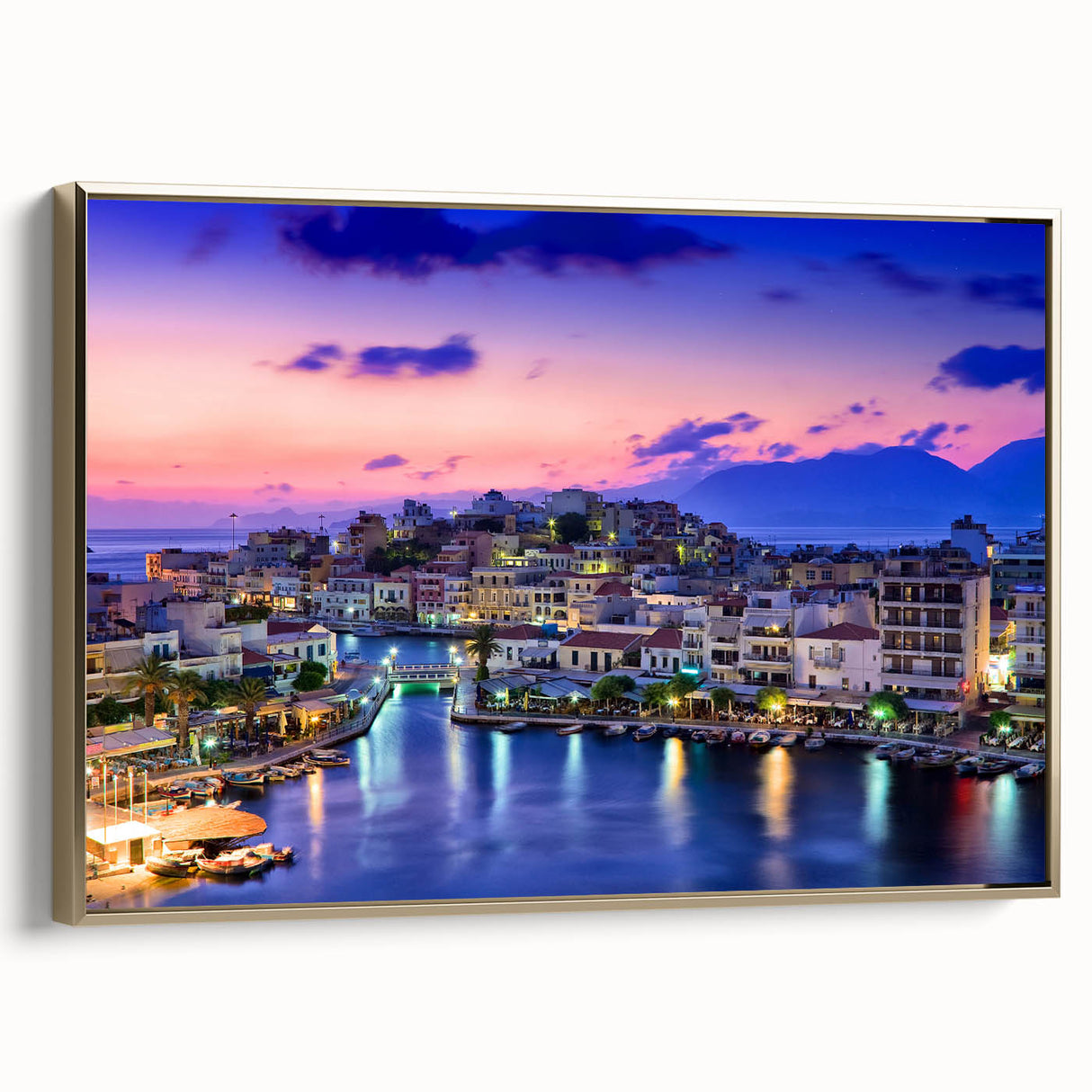 Framed canvas depicting a vintage-style landscape of Crete, Greece in muted gold and black tones, ideal for bedroom wall art.