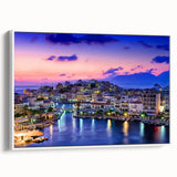 Vintage poster art of a Crete, Greece scenery in vibrant colors on a large framed canvas, ideal for living room decor.