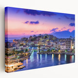 Panoramic view of Crete, Greece, on a stretched canvas with muted earth tones, ideal for kitchen wall art.