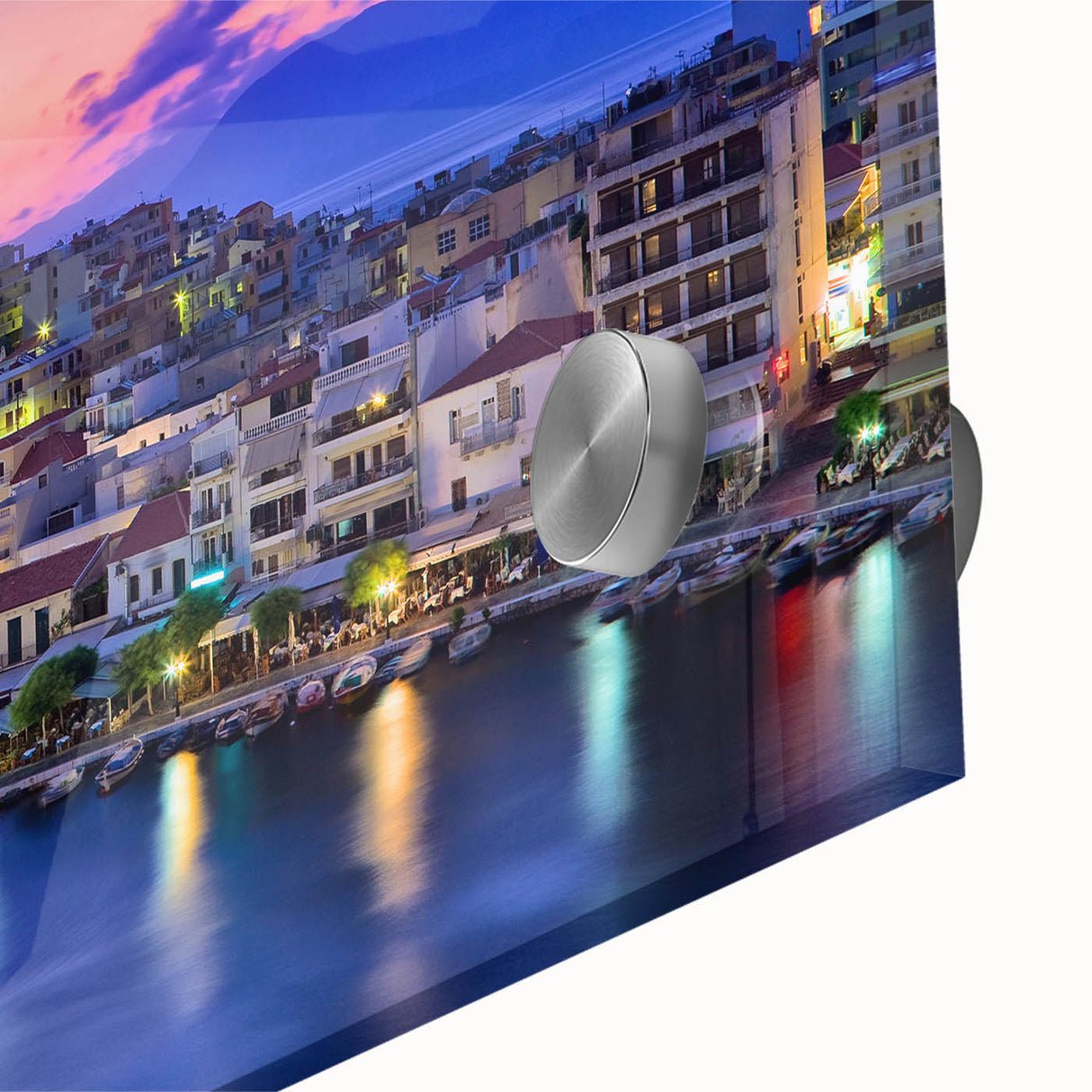 Large abstract wall art of a Crete, Greece scenery in muted earth tones on acrylic glass, suitable for dining room ambiance.