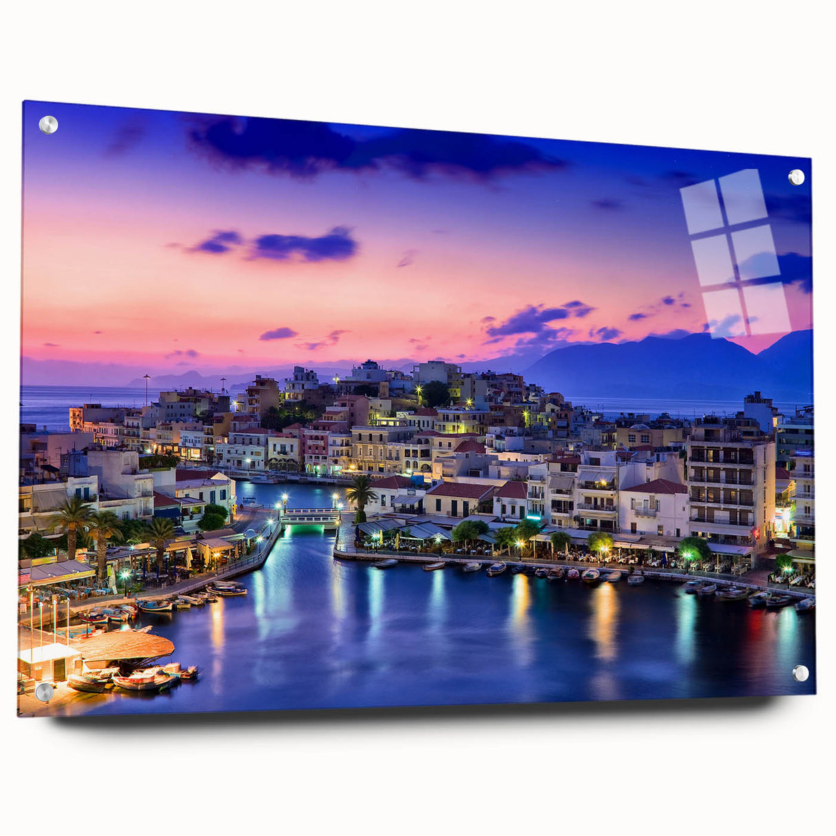 Acrylic print of a serene Crete landscape in muted earth tones, ideal for dining room decor.