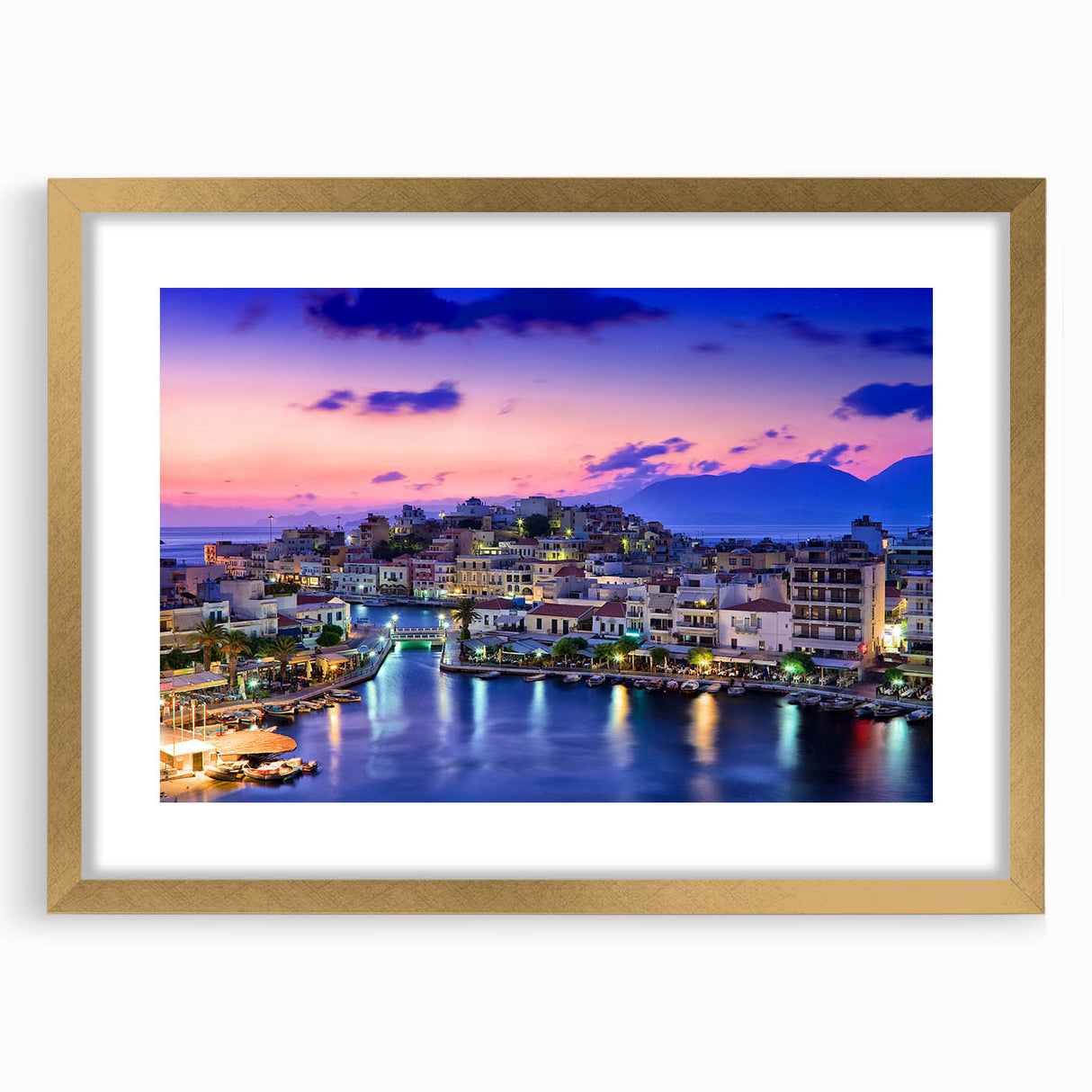 Extra large wall art of abstract Crete scenery in textured style, gold-framed, ideal for living room ambiance.