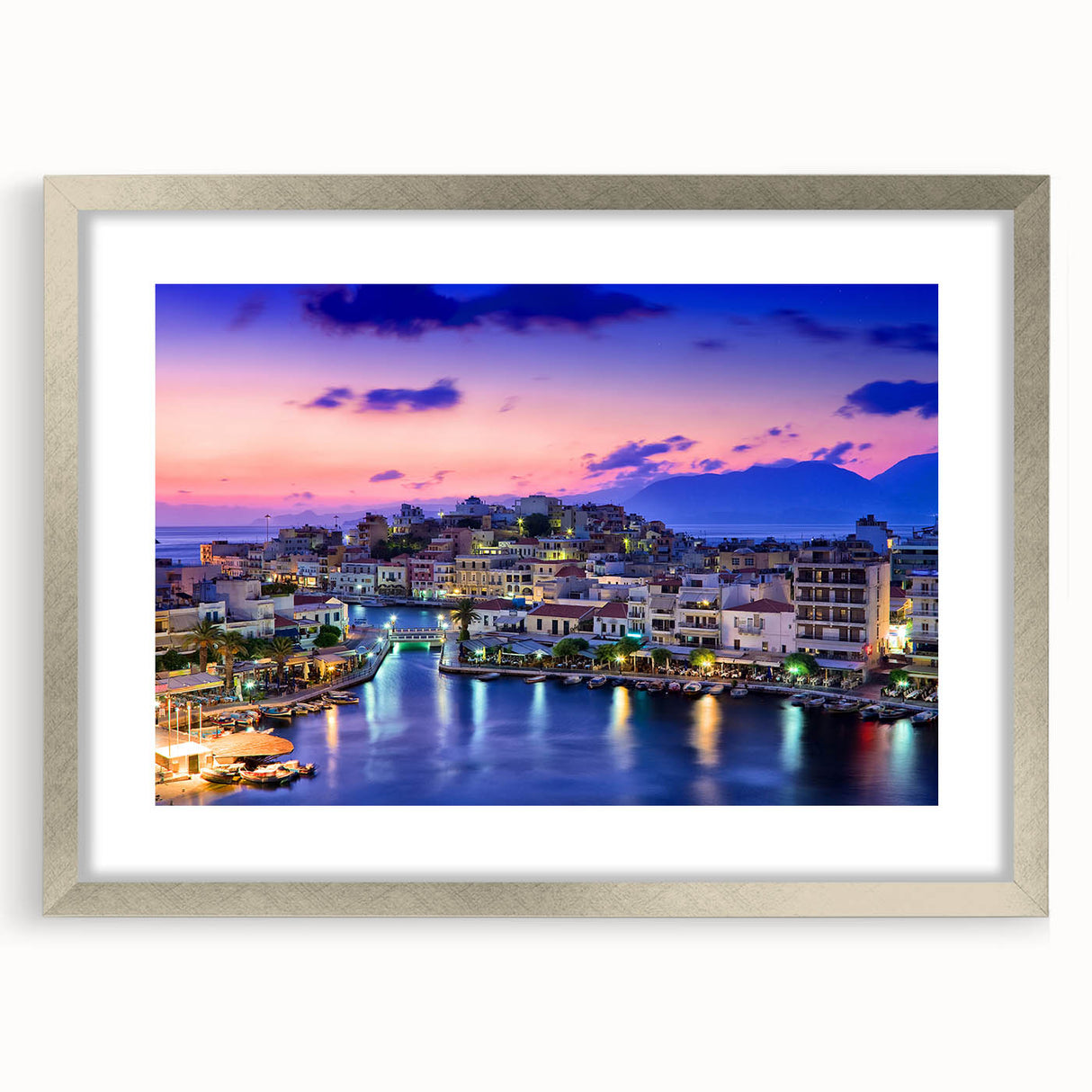 Textured abstract art print of Crete scenery in muted earth tones on a framed silver mat, suitable for bedroom art.