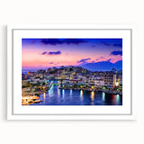 Abstract art print of Crete, Greece in muted blue and white tones, framed with a white mat, ideal for dining room decor.