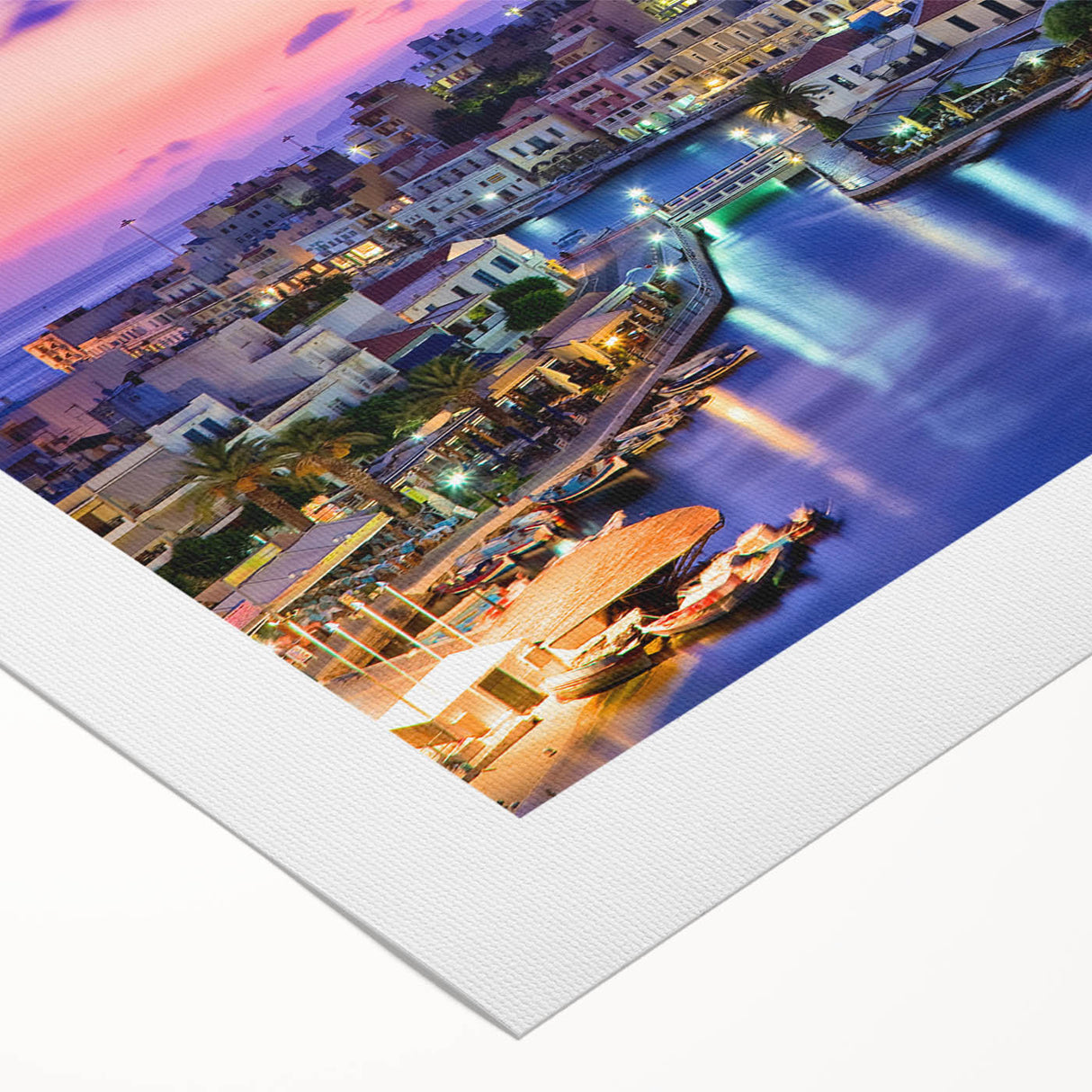 Art deco poster of Crete, Greece, featuring blue and white tones on rolled canvas, ideal for dining room wall art.