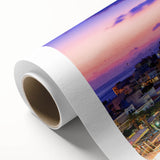 Art deco poster of Crete coastline in pastel shades on rolled canvas, suitable for dining room wall art.