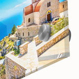 Mid-century modernist acrylic print of an abstract Rhodes landscape in muted earth tones, ideal for dining room art.