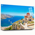 Acrylic print of a European landscape featuring Rhodes, Greece, with vibrant blue and white tones.