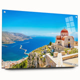 Acrylic print of a European landscape featuring Rhodes, Greece, with vibrant blue and white tones.