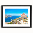 Extra large abstract art print depicting a colorful, textured scenery of Rhodes, Greece, framed in black.