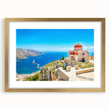 Abstract art print of Rhodes, Greece in muted blue and white tones on a framed gold mat, suitable for dining room decor.