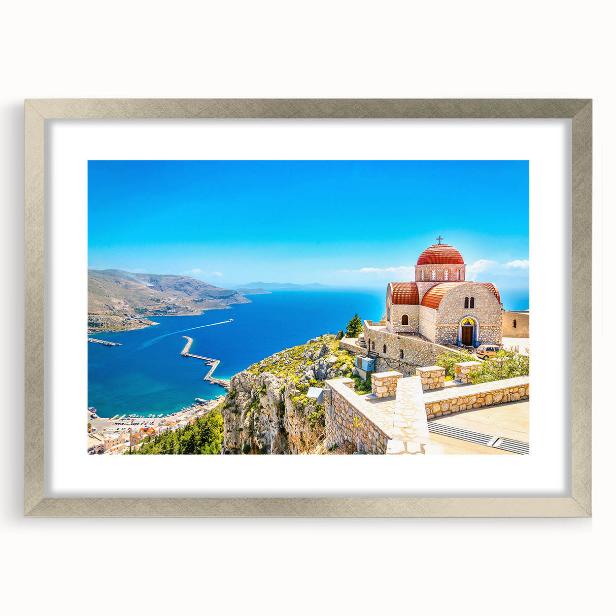 Extra large wall art of a textured abstract print depicting a European scenery in Rhodes, Greece, in a silver frame.