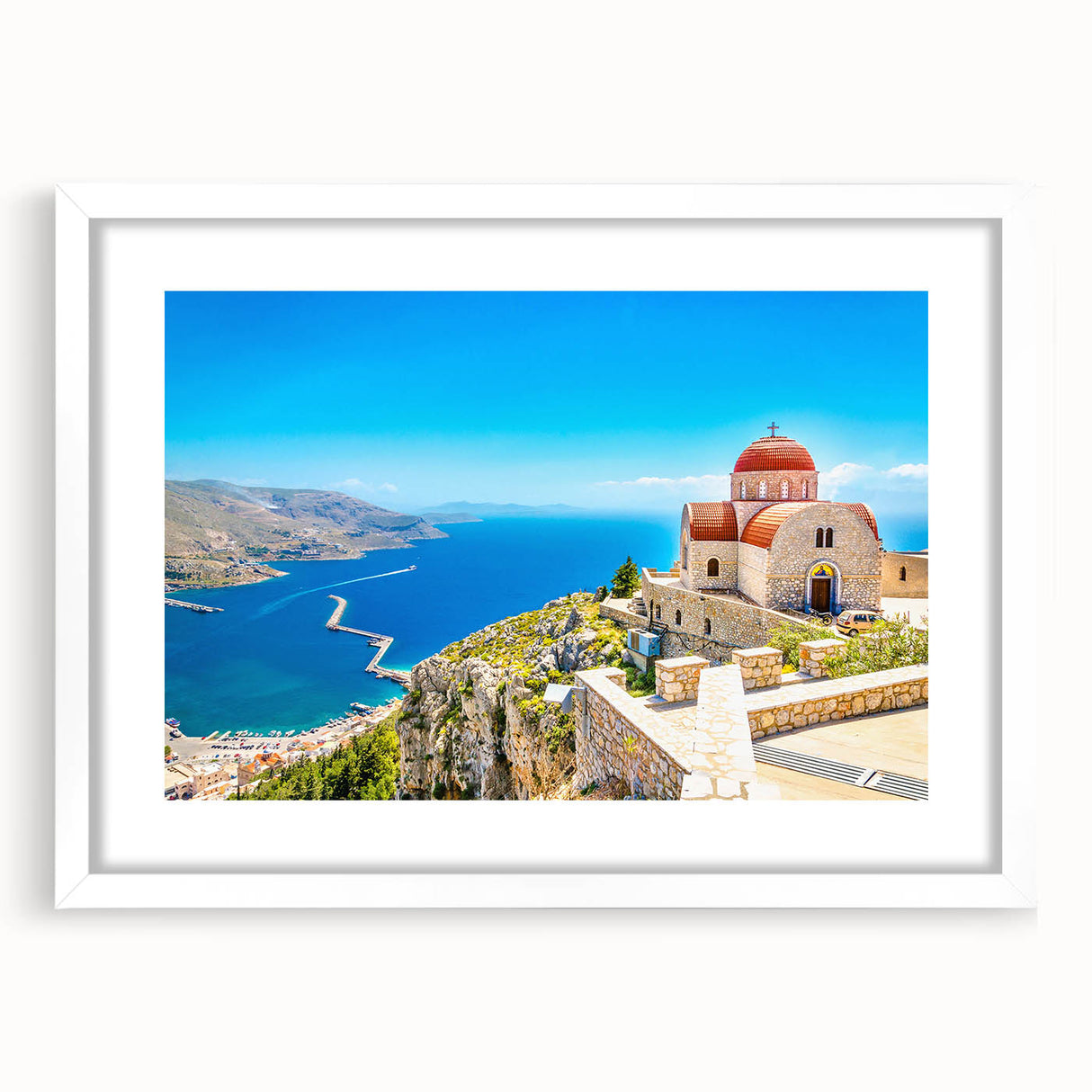 Textured art of Rhodes, Greece in abstract style with muted earth tones on a framed white mat, ideal for bedroom art.