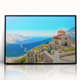 Large abstract wall art depicting the Rhodes scenery in Greece, with muted earth tones on framed acrylic.