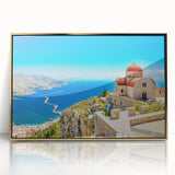 Art Deco style poster of Rhodes, Greece, featuring muted gold and blue tones on a framed acrylic.