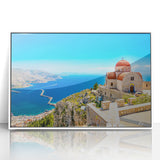 Mid-century modernist art depicting the Rhodes, Greece scenery in black and white tones on a framed acrylic.