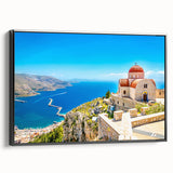 Black and white landscape art painting of Rhodes, Greece on a framed canvas, ideal for bedroom wall art.