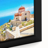 Extra large framed canvas depicting a textured, colorful Rhodes, Greece scenery in black, ideal for living room decor.