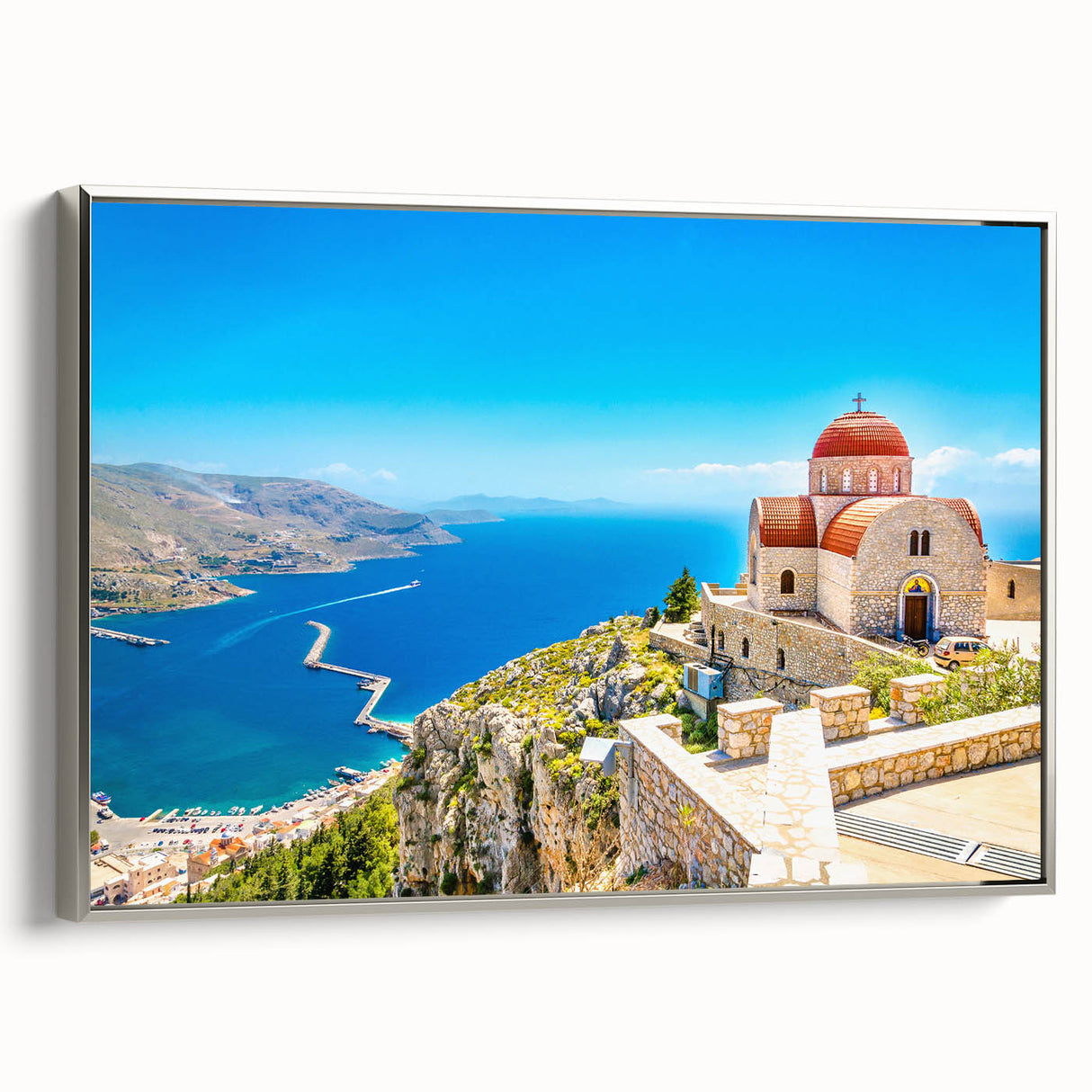 Framed canvas depicting a vintage-style landscape of Rhodes, Greece, with colorful art on a black background.