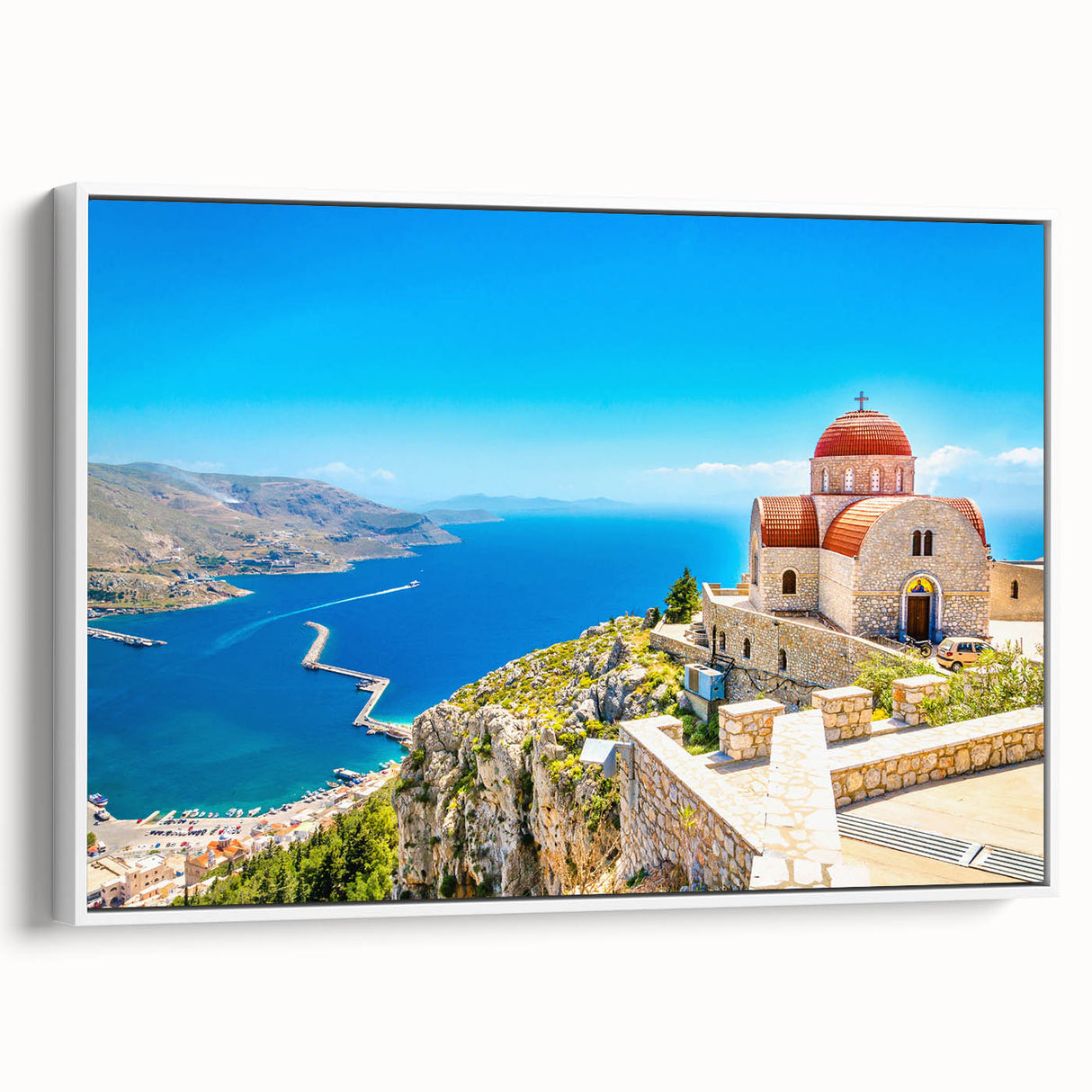 Vintage poster art of Rhodes, Greece, with vibrant colors on a large framed canvas, ideal for living room decor.