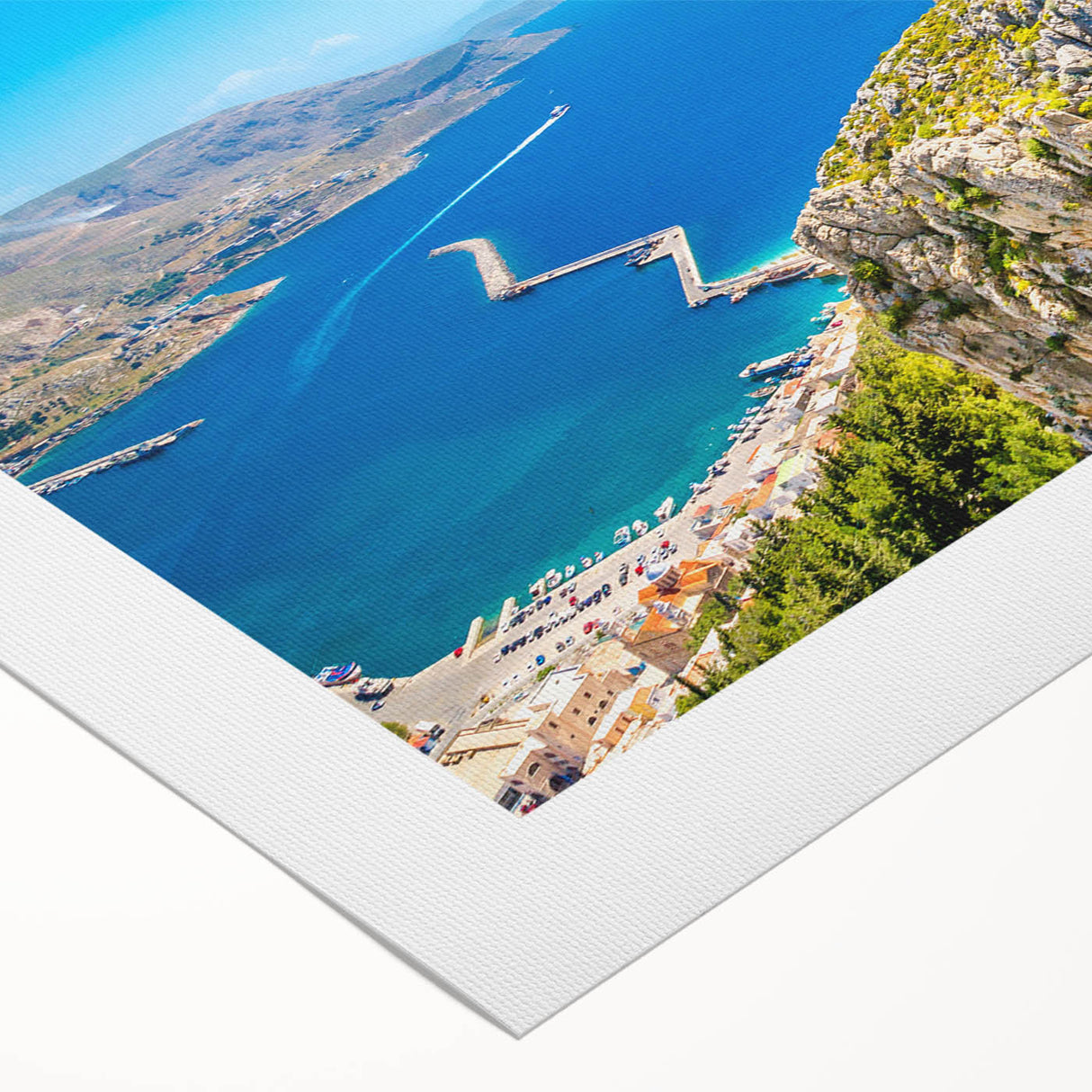 Art deco poster of Rhodes, Greece, featuring muted blue and white tones on rolled canvas, suitable for dining room wall art.