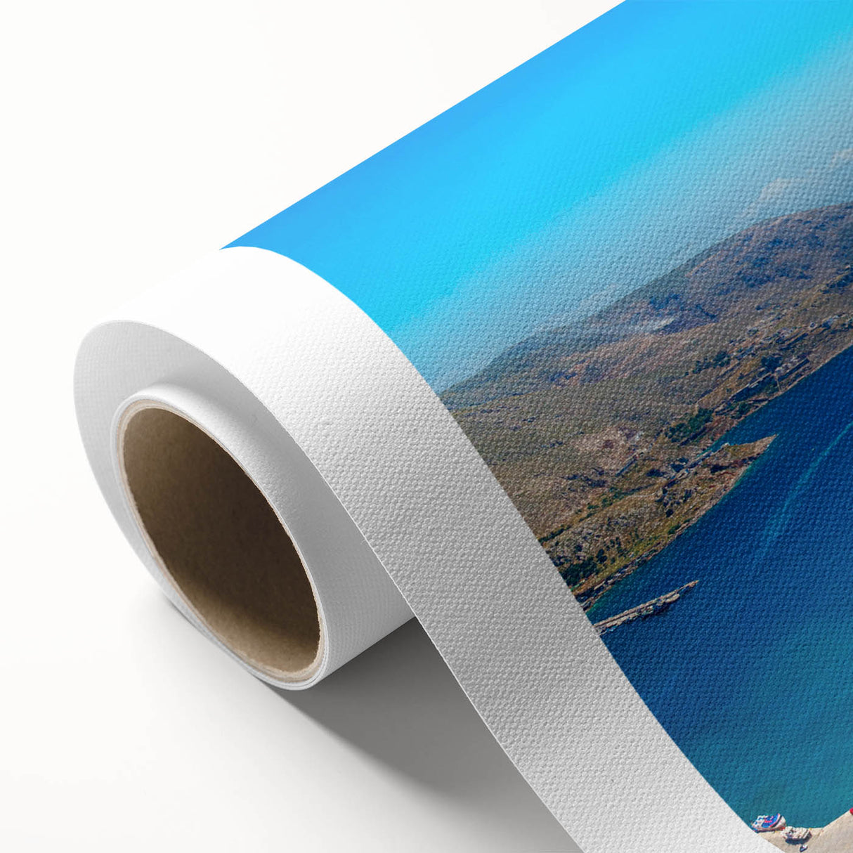 Art Deco poster of Rhodes, Greece, in muted blues and whites on rolled canvas, ideal for nursery wall art.