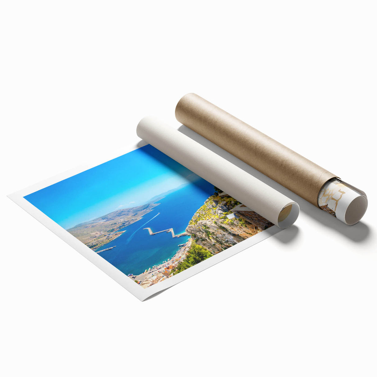 Extra large rolled print of Rhodes, Greece with vibrant floral elements, ideal for classy bathroom wall art.